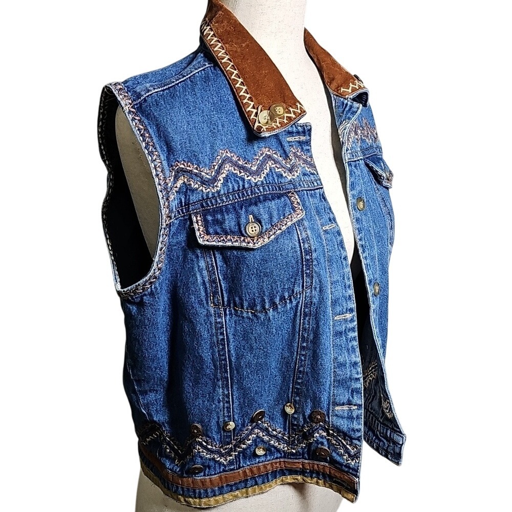 Boho Casual Embelished Denim Vest with Brown Stiching and button Accents Large - Picture 2 of 10